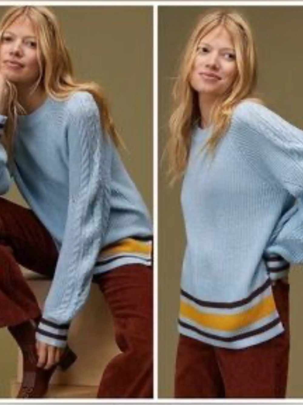 Anthropologie Light Blue Crewneck Sweater with Yellow and Navy Stripes